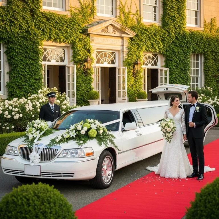 Wedding stretch limousine trimmed with floral accents — luxury event transportation in Yorkville