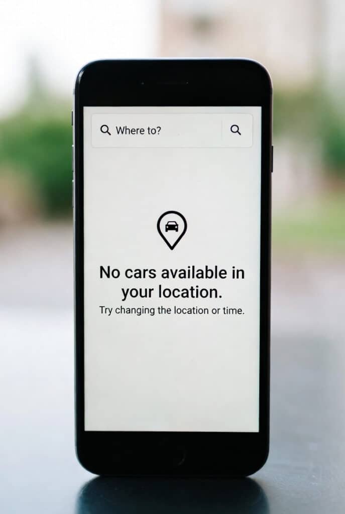 A smartphone screen displaying a rideshare app notification stating "No cars available in your location" during an early morning search.