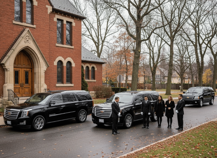 Professional funeral limo service in Toronto featuring luxury black SUVs and chauffeurs in formal attire standing outside a brick chapel