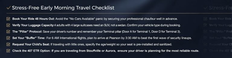 "Stress-Free Early Morning Travel Checklist" graphic with 6 checked tips for Pearson Airport early flights.