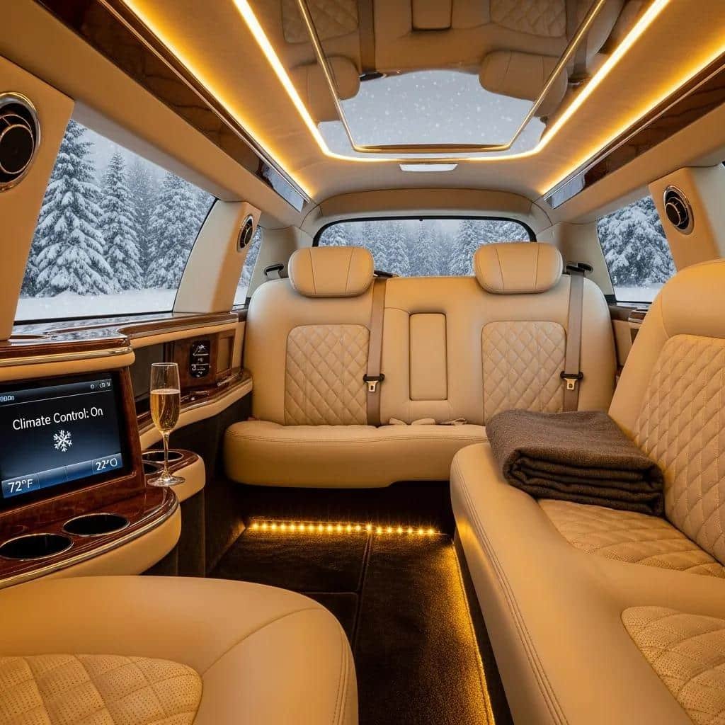 Warm, comfortable limousine interior with climate control and leather seating — designed for winter travel comfort