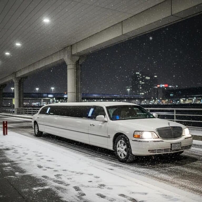 Luxury airport transportation in Toronto during winter with a sleek limousine outside a snow-covered terminal