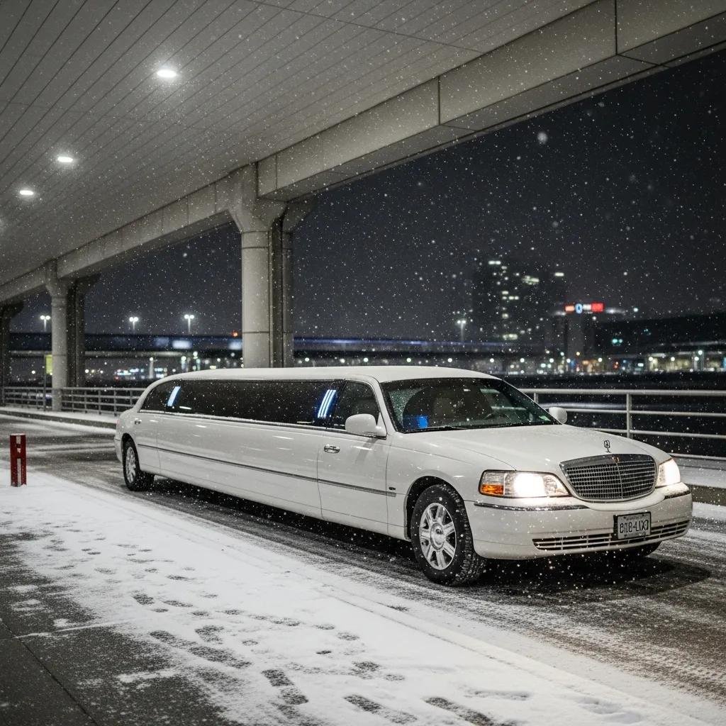 Luxury airport transportation in Toronto during winter with a sleek limousine outside a snow-covered terminal