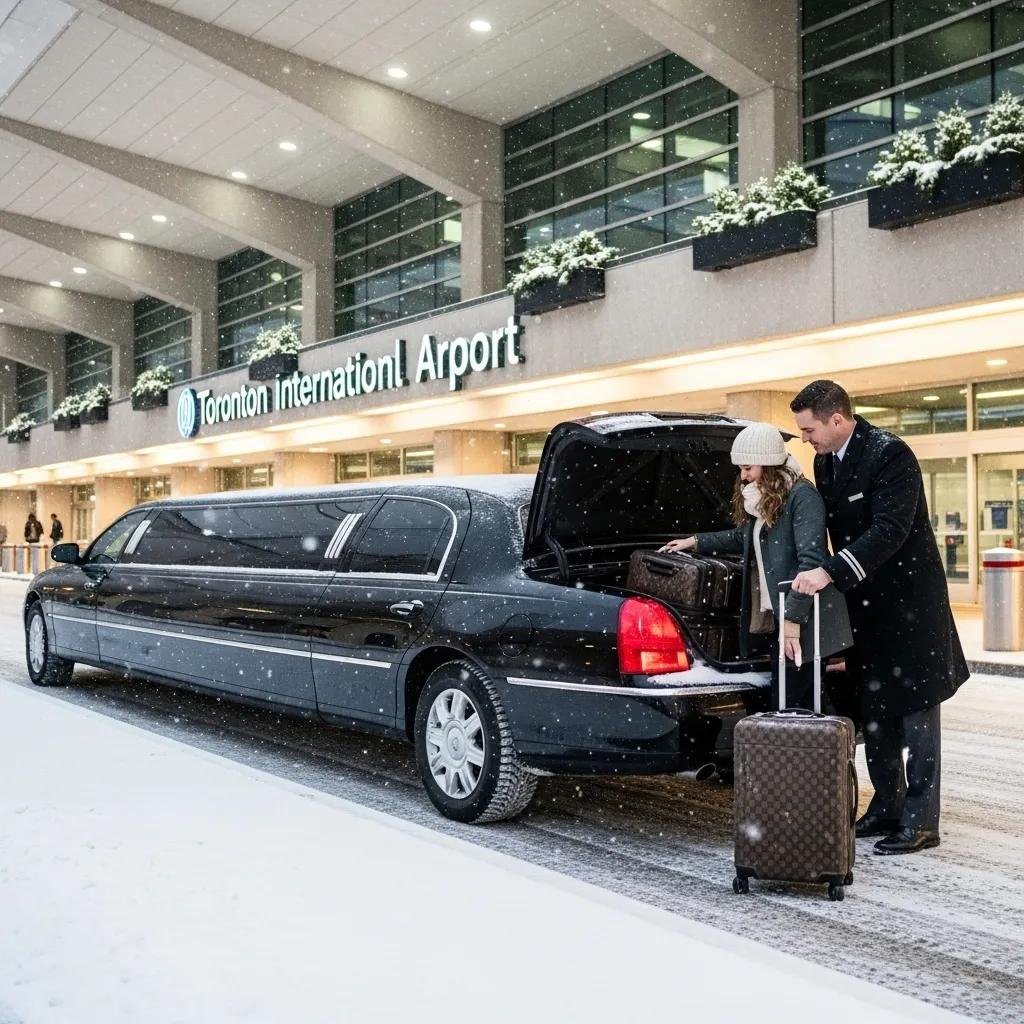 VVIP Toronto Limo parked outside Toronto Pearson Airport in snowy weather
