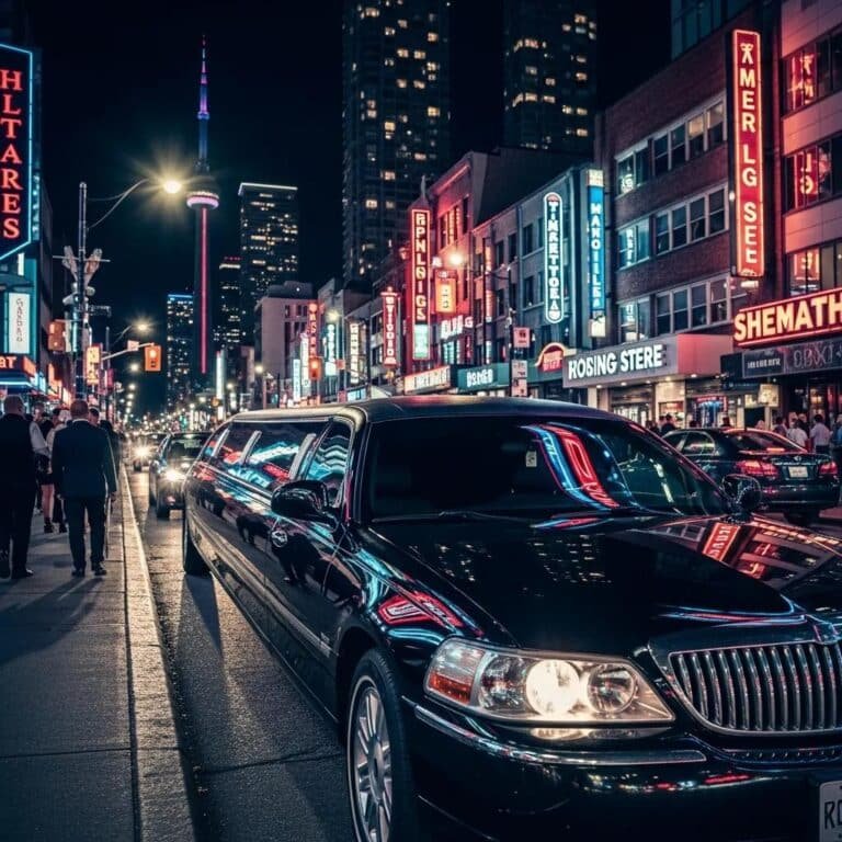 Luxury limousine in Toronto nightlife setting, emphasizing elegance and transportation for a stylish evening