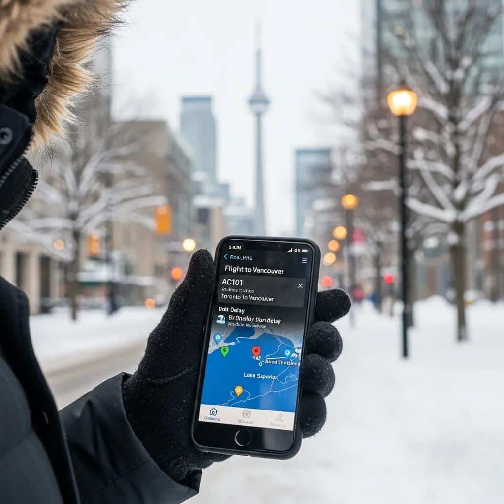 Mobile phone showing a flight-tracking app and weather alerts for Toronto travel