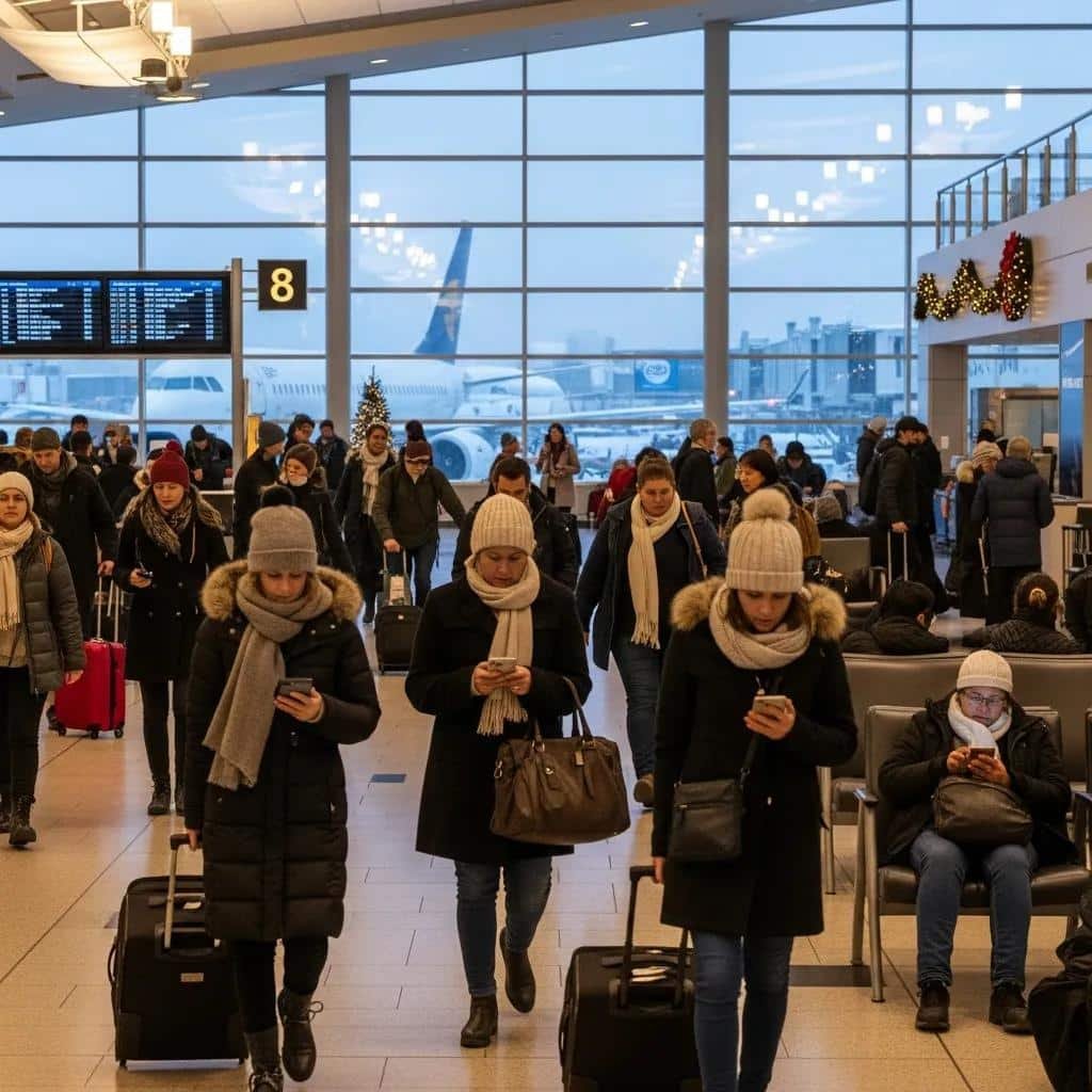Toronto Pearson Airport in winter with travelers preparing for flights amidst snow