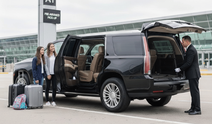 A professional chauffeur in a suit helping a mother and daughter with luggage into a luxury black SUV at the Toronto Pearson Airport Pre-Arranged pickup area.