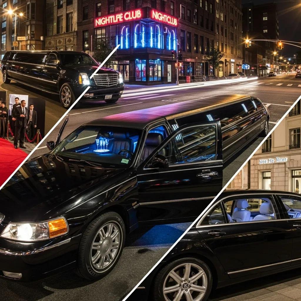 Variety of luxury vehicles for nightlife transfers, showcasing stretch limos, SUV limos, and luxury sedans