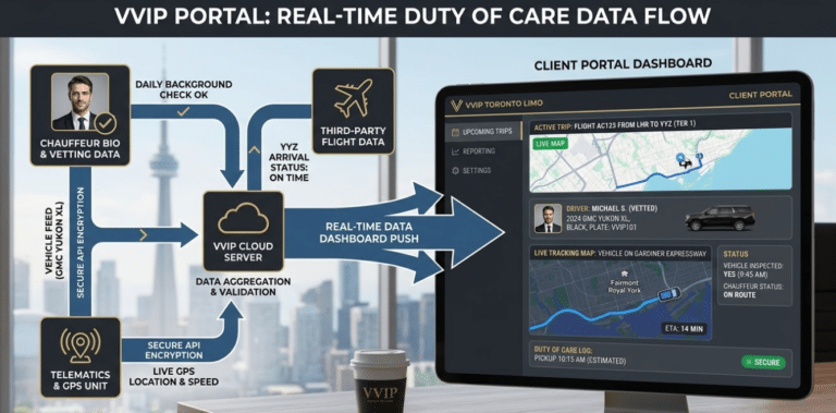 A vertical data flow diagram showing how VVIP Toronto Limo integrates real-time vehicle telematics, chauffeur vetting data, and third-party flight information into a secure cloud server, which then pushes a live tracking map and status updates to a corporate client portal dashboard displayed on a tablet.