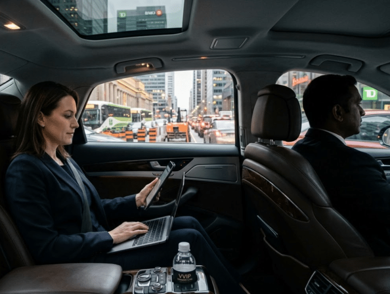 Inside a luxury VVIP Toronto limo: A corporate executive works on a laptop in calm comfort, contrasting with visible construction traffic in the downtown Financial District outside the window.