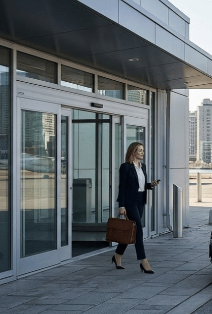 Executive with rolling bag exits the new Billy Bishop Airport YTZ U.S. Preclearance pedestrian tunnel mainland entrance in March 2026