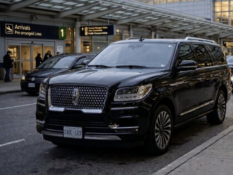 Is my Toronto limo ride still waiting if my flight is delayed? This discreet, all-black luxury SUV at Pearson Terminal 1 shows our VVIP Meet and Greet service in action. We use manual flight tracking and text you upon landing. No hidden fees for airline delays, text updates, and an unbranded vehicle for your comfort and discretion