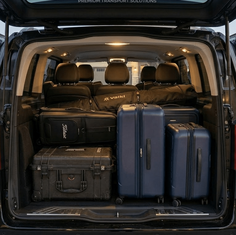Rear view of an open black luxury SUV in a driveway at dusk, showing its massive cargo capacity with numerous hard-shell suitcases, a specialized golf travel case, and a Pelican-style equipment case both inside and on the pavement, illustrating a premium transport service