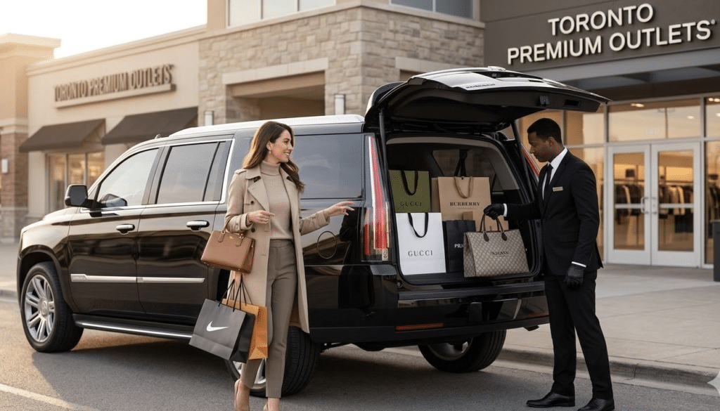 Private car service to Toronto Premium Outlets (Halton Hills). A professional chauffeur loads numerous high-end designer shopping bags (Gucci, Prada, Nike) into the massive, open trunk of a black VVIP Toronto Limo Executive SUV. The modern mall entrance is visible in the background.