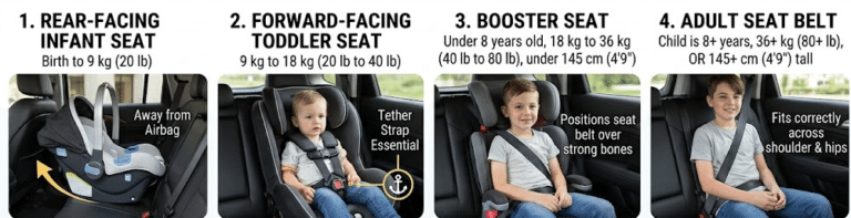 A multi-panel, clear infographic illustrating the four stages of Ontario car seat laws and special considerations for limousine services.