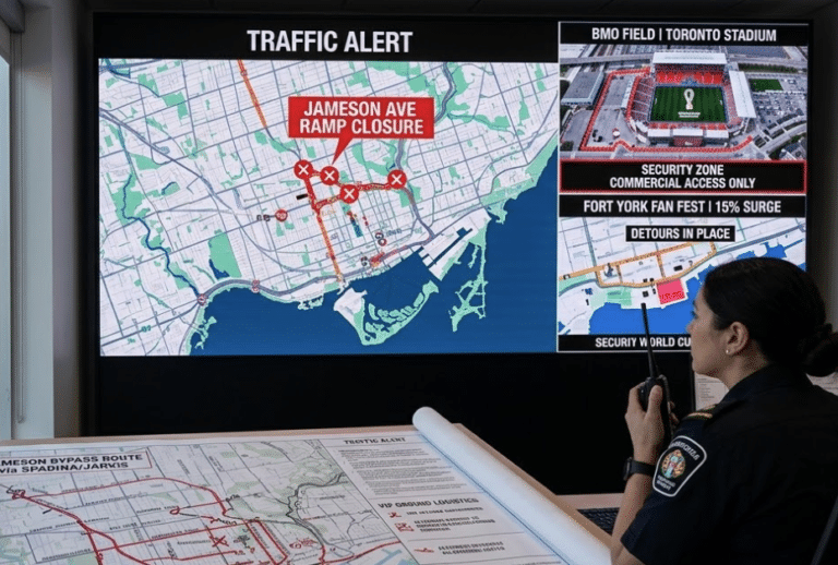 A real-time traffic alert map for Toronto during March 2026 FIFA World Cup, showing the Jameson Avenue ramp closure, the Fort York Fan Fest, and alternate bypass routes for VIP logistic