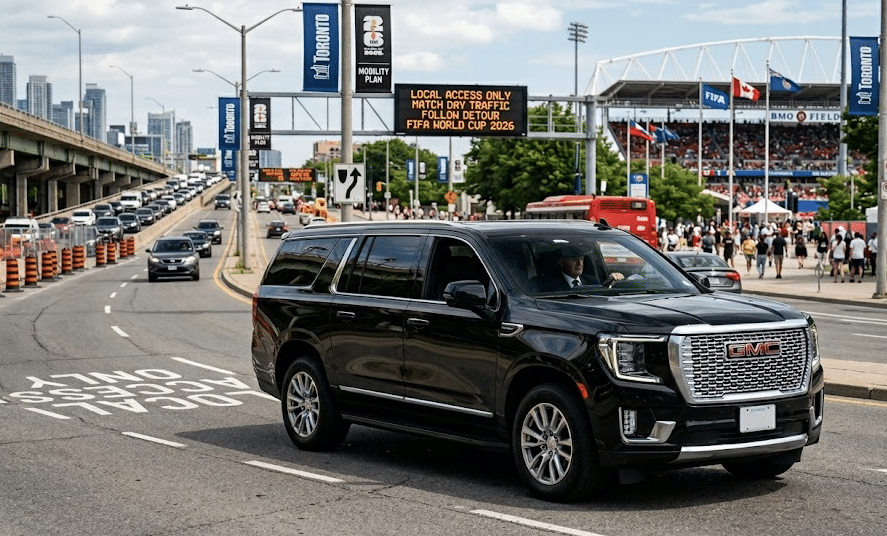 Professional VVIP Toronto Limo chauffeur navigating the 2026 FIFA World Cup Mobility Plan corridor for a wedding arrival at Exhibition Place