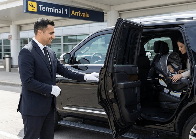 A high resolution daytime photograph at Toronto Pearson Airport, focusing sharply on a smiling VVIP chauffeur who is holding the door of a black SUV open. He is assisting with the car seat for an infant, demonstrating the VVIP 5-Star' quality and sanitization standards that make VVIP Toronto Limo the #1 rated service for families