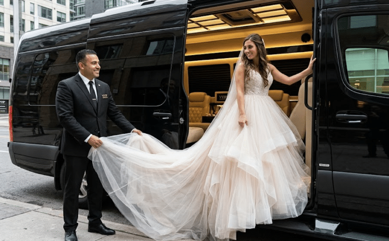 VIP Toronto Limo chauffeur assisting a bride in a voluminous gown with entry into an Executive Sprinter Limo, highlighting the critical 'Dress-Space' consultation service.