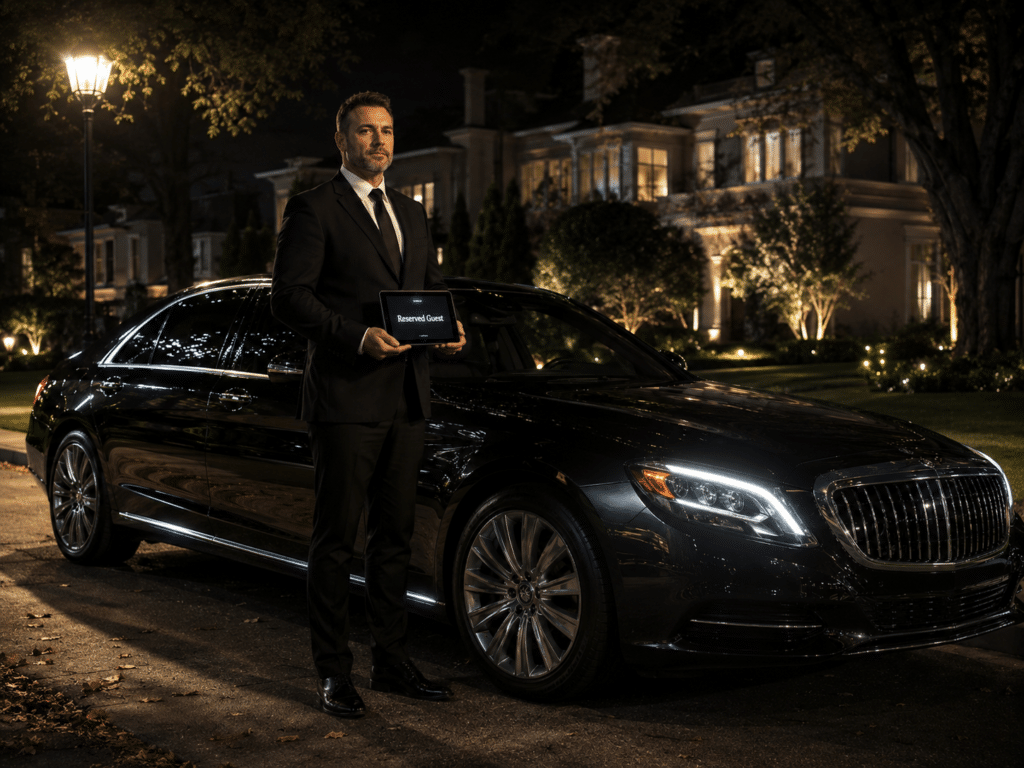 Chauffeur waiting by a luxury sedan at night for a 24/7 Pickering airport limo pickup