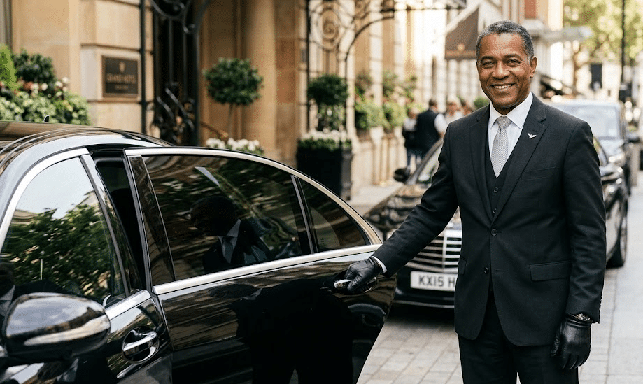 A professional, sharply dressed chauffeur smiling warmly and holding open the door