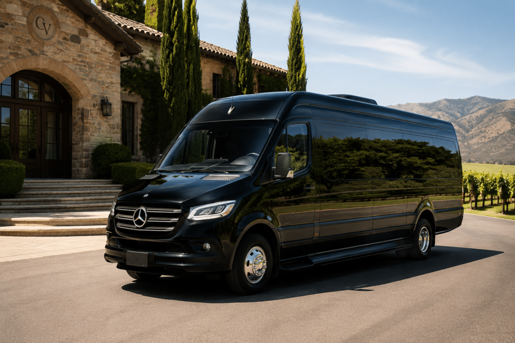 Luxury Mercedes Sprinter van providing executive group transportation and airport limo service