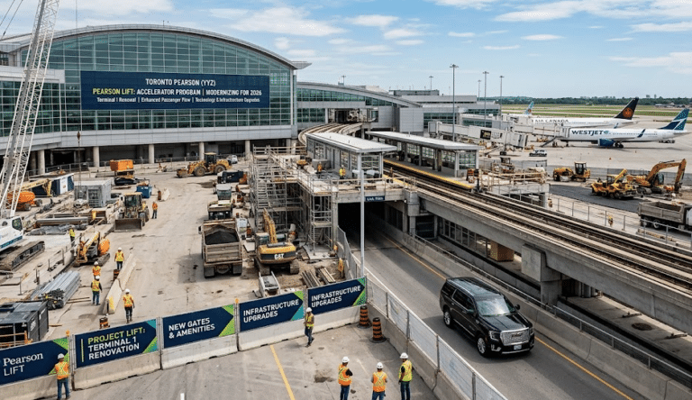 A detailed view of Pearson LIFT Accelerator construction at Terminal 1, showing infrastructure upgrades, specialized ground traffic lanes, and executive airport transportation