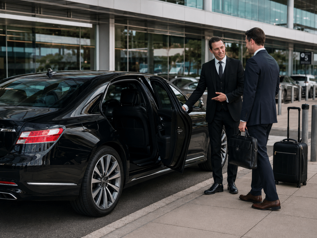 Professional chauffeur in a black suit opening a luxury sedan door for a business traveler with luggage at Toronto Pearson Airport.
