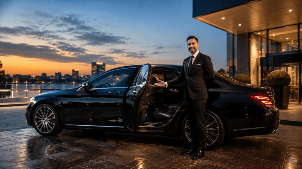 A professional chauffeur in a black suit standing by an open door of a luxury Mercedes Benz sedan at sunset with a city skyline in the background