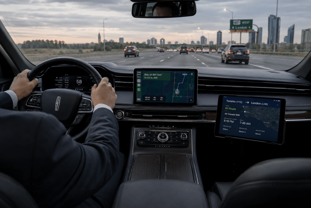 Interior view of a luxury Lincoln vehicle with a chauffeur driving on Highway 401 East in Toronto, using a tablet for real-time flight tracking of a YYZ arrival