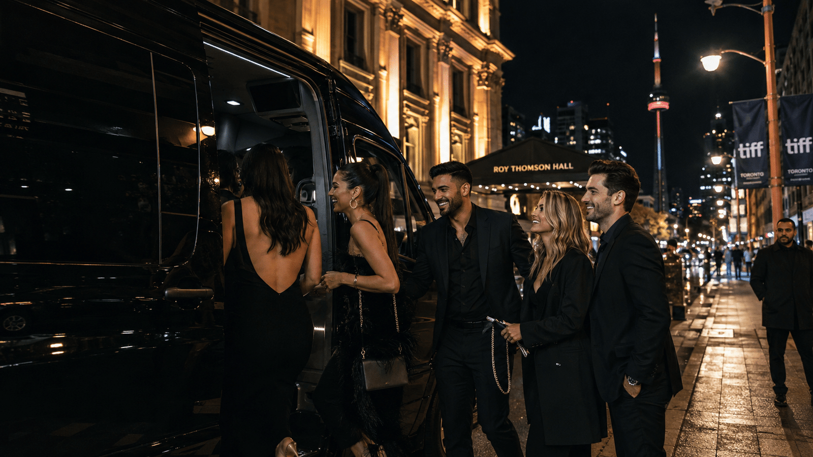 Group of friends arriving at a VIP event in a luxury Toronto limousine.