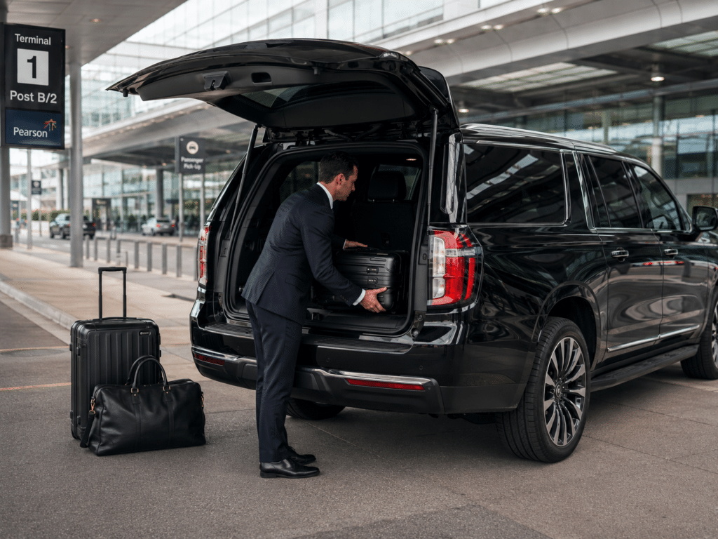 Professional chauffeur loading luggage into the trunk of a black luxury SUV at Toronto Pearson Airport Terminal 1