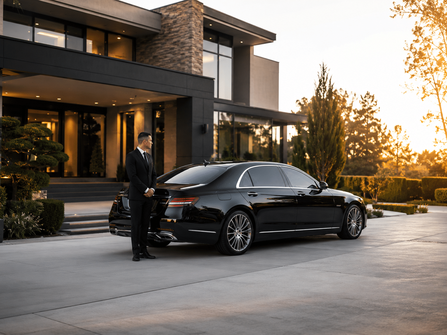 Black luxury limousine parked in front of a premium home for Pickering limo service