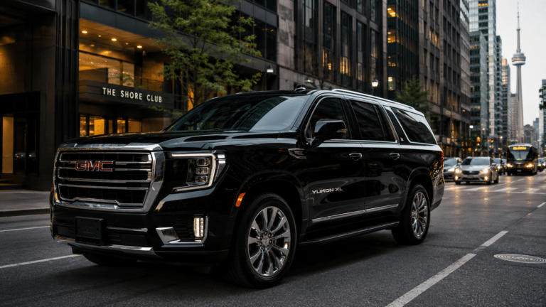 Luxury black SUV providing premier Toronto limousine services in the downtown financial district.