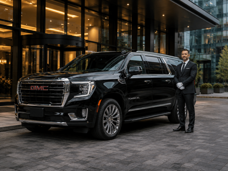 Chauffeur standing by a premium black GMC Yukon for VIP transportation in Toronto.
