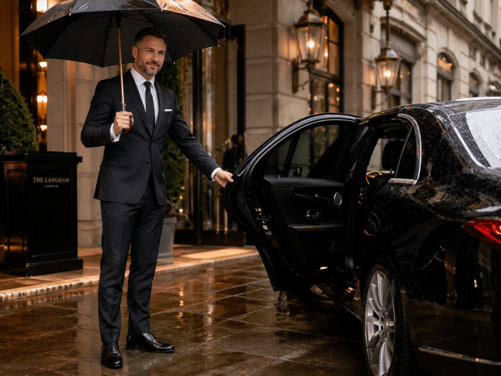 Licensed and professional chauffeur opening the door for a Toronto limo service client.