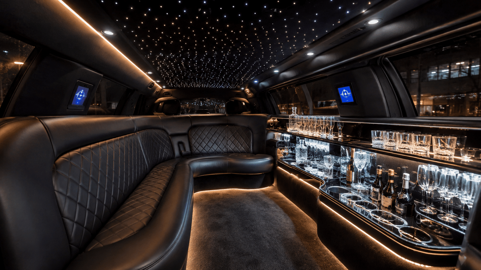 Interior view of a luxury stretch limousine with leather seating and VIP mood lighting.