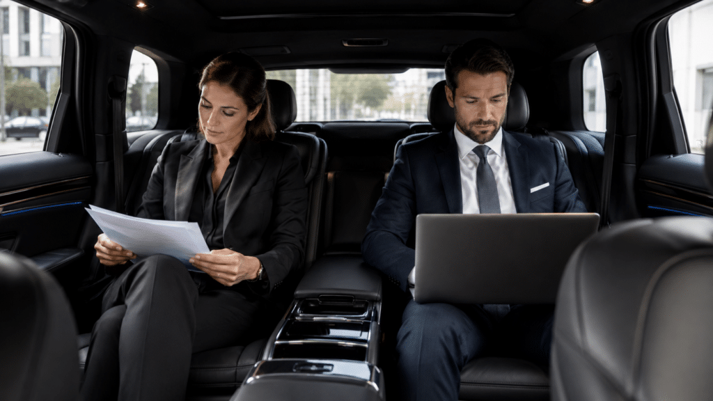Executives working productively inside a Wi-Fi enabled premium black car during multi-stop business meeting transportation in Toronto.