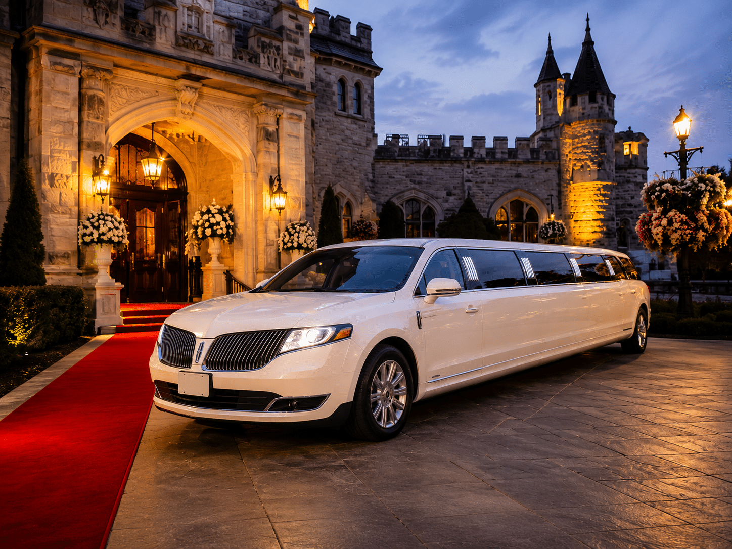 Classic stretch limousine providing elegant bridal transportation at a luxury Toronto wedding venue