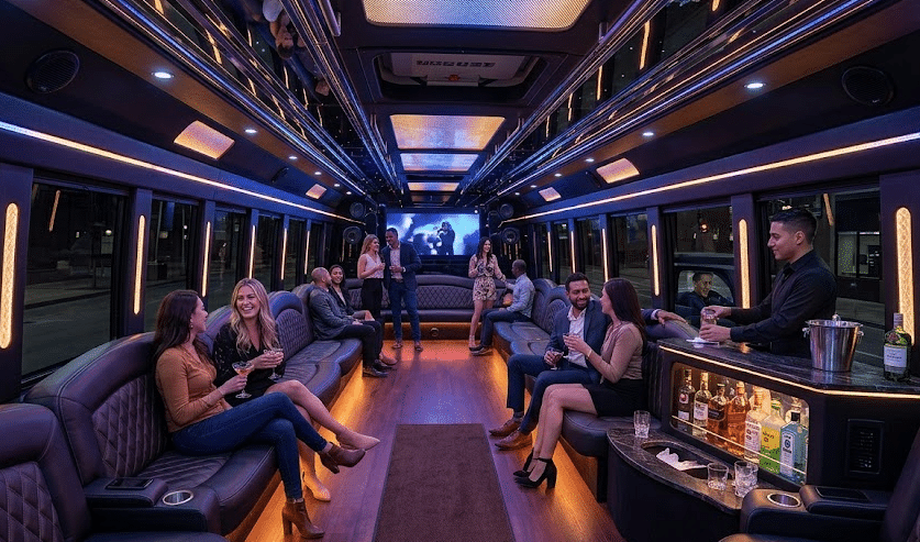 Premium Toronto limo bus interior with wrap-around leather seating and LED lighting