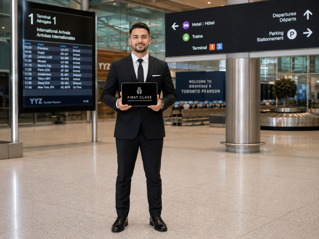 Professional chauffeur in a black suit holding a First Class Limousine welcome sign at Toronto Pearson International Airport arrivals terminal.
