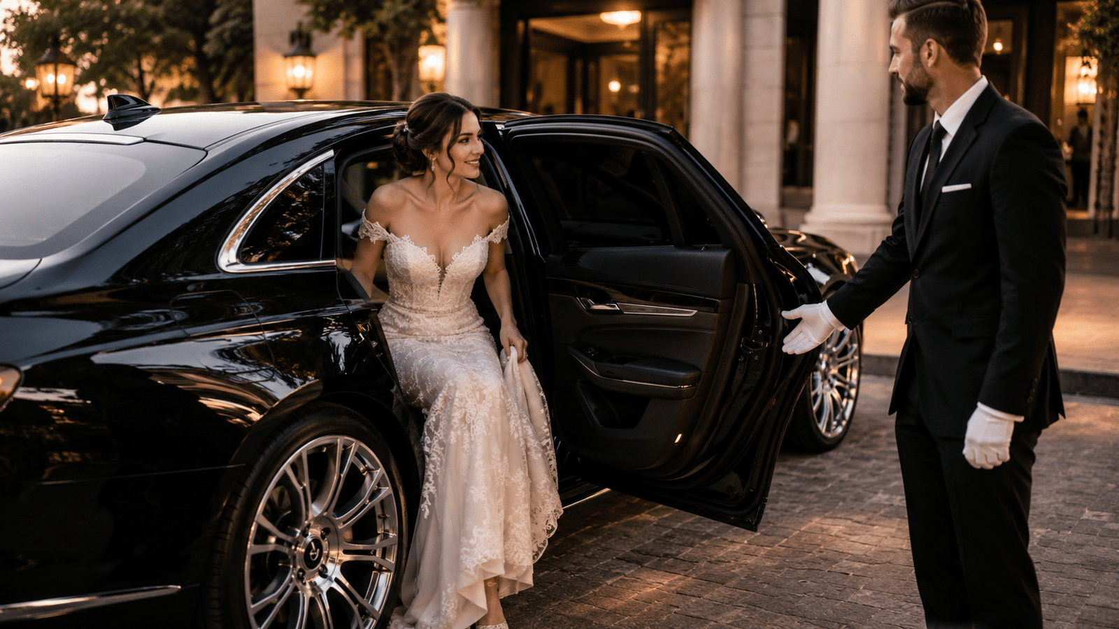 Professional chauffeur holding the door for a bride stepping out of a luxury wedding limo in Toronto.