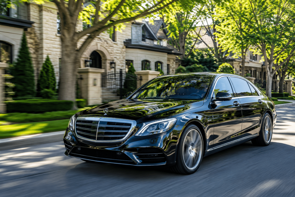 Black executive sedan driving smoothly through a beautiful, tree-lined residential neighborhood in Mississauga.