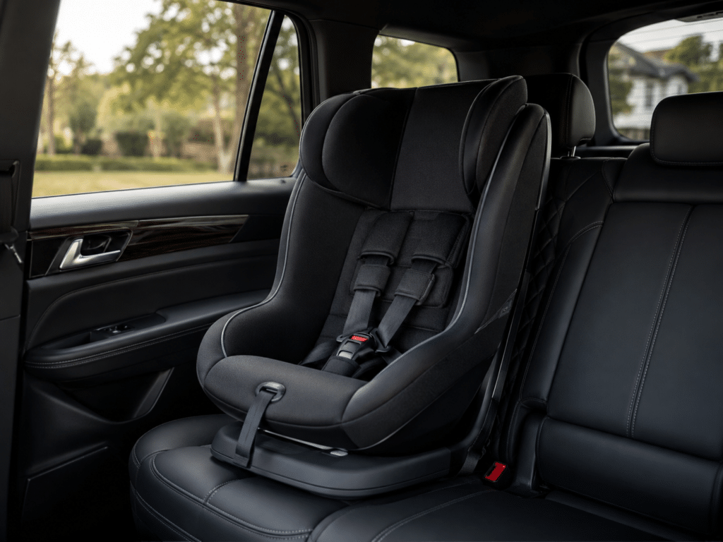 Sanitized pre-installed child safety seat inside a premium black SUV in Ajax.