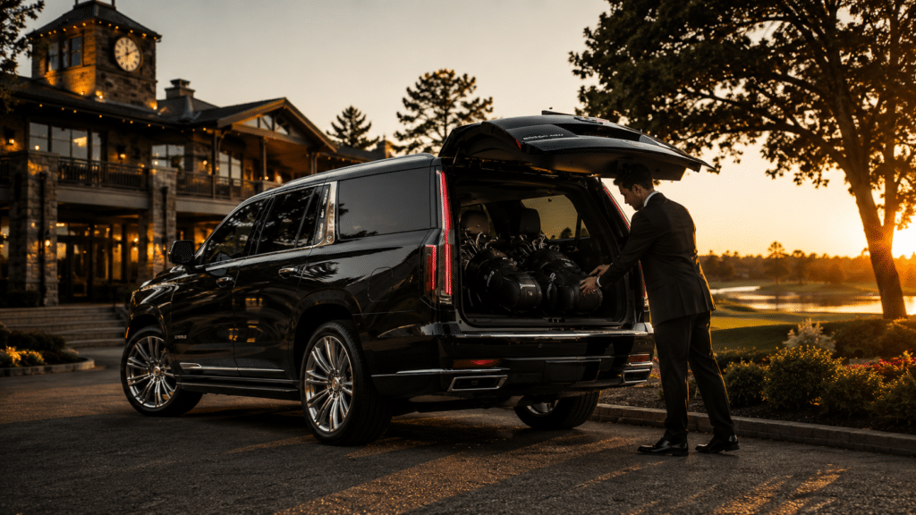 Black luxury SUV limo service parked at TPC Toronto at Osprey Valley