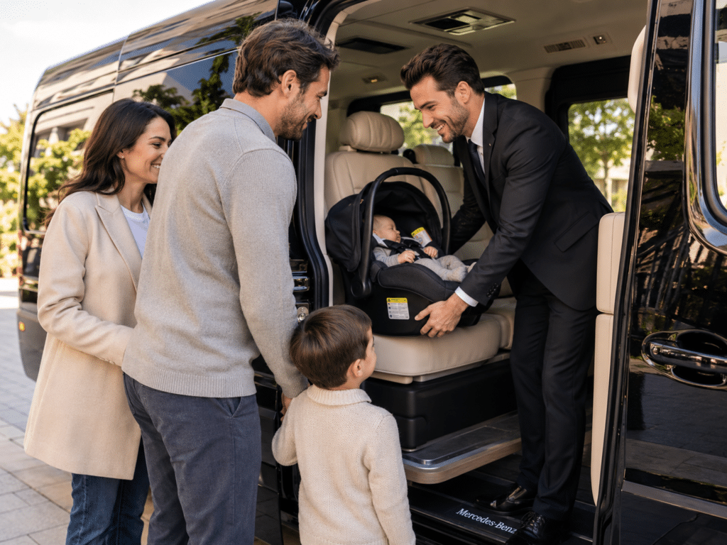 Friendly chauffeur helping a family into a luxury van equipped with a pre-installed child safety seat.