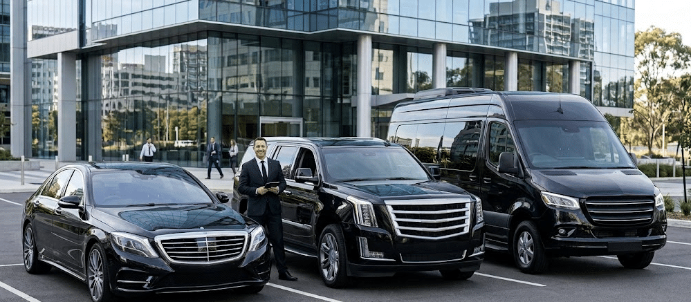 Lineup of luxury black sedans, Cadillac Escalades, and Mercedes Sprinter vans for Hamilton limo service