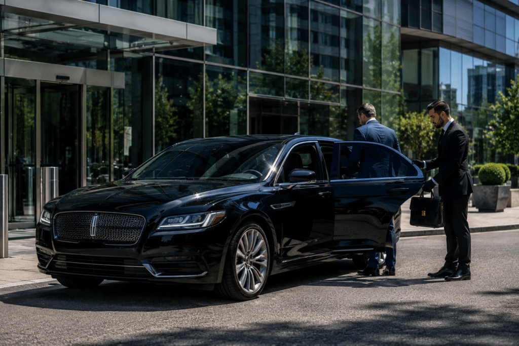 Executive stepping into a private black car service in Hamilton for airport transportation.