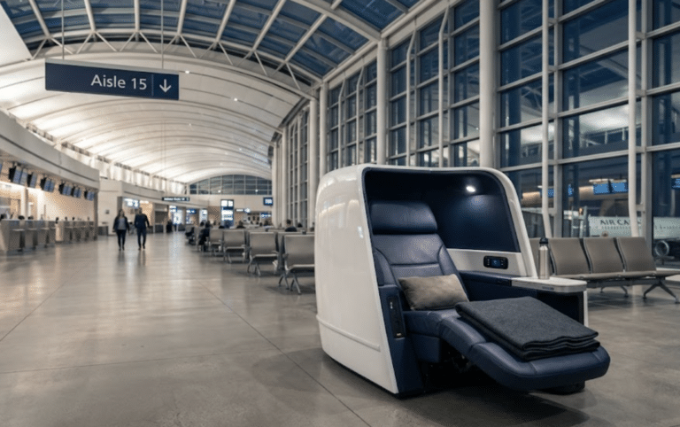 CIBC Energy Pod recliner chair located at Toronto Pearson Airport YYZ Terminal 1 Aisle 15